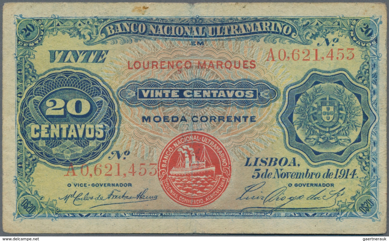Mozambique: 20 Centavos With Overprint "Laurenco Marques" 1914 P. 60, Used With Strong Center Fold A - Mozambique