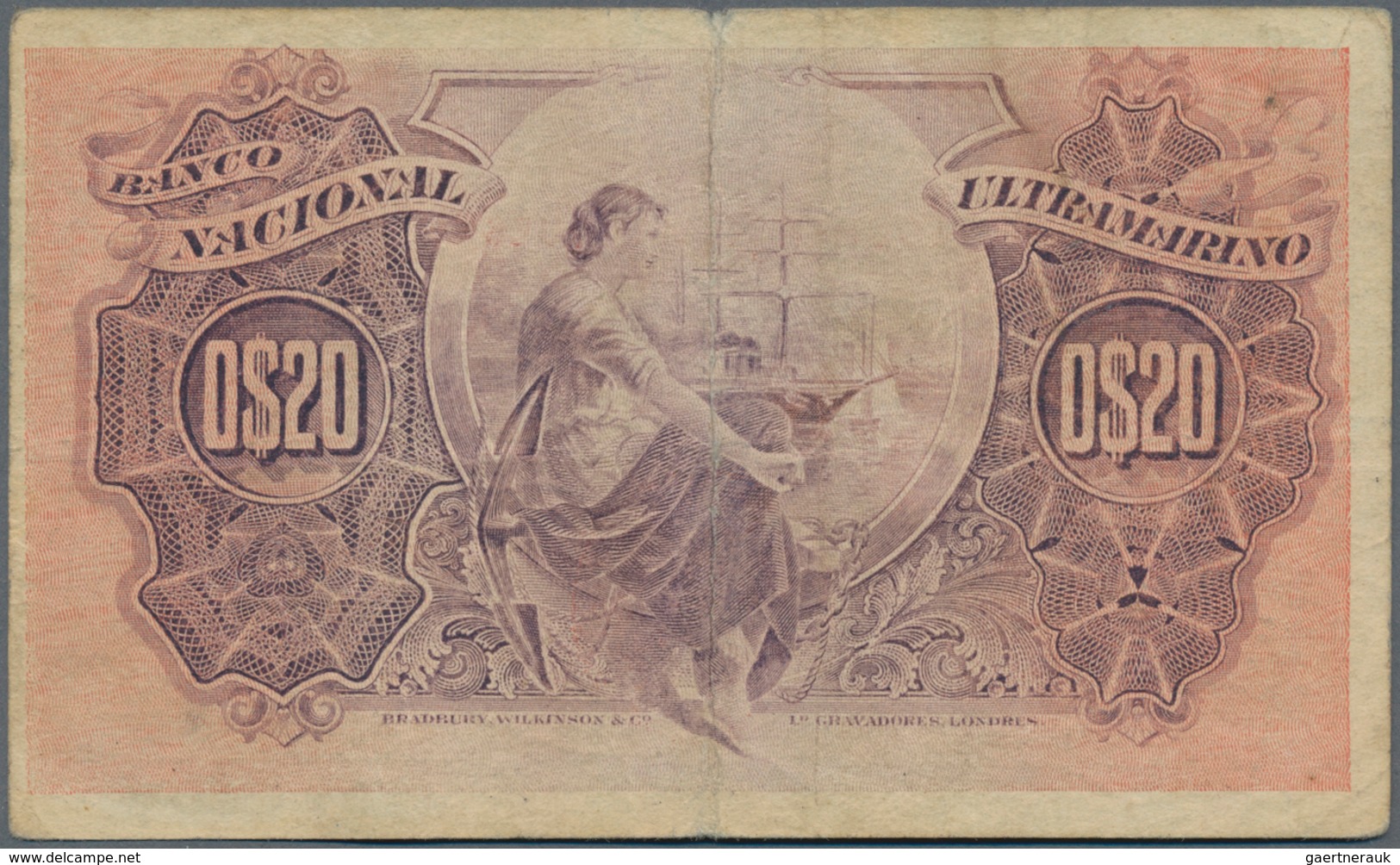 Mozambique: 20 Centavos With Overprint "Laurenco Marques" 1914 P. 60, Used With Strong Center Fold A - Mozambique