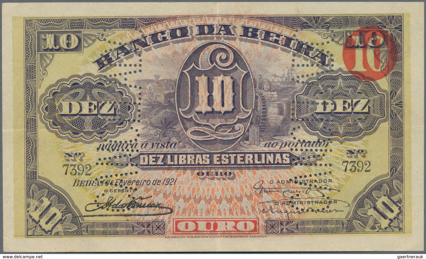 Mozambique: Rare Banknote Of Banco Da Beira 10 Libras Esterlinas 1921 With "cancellado" Perforation, - Moçambique
