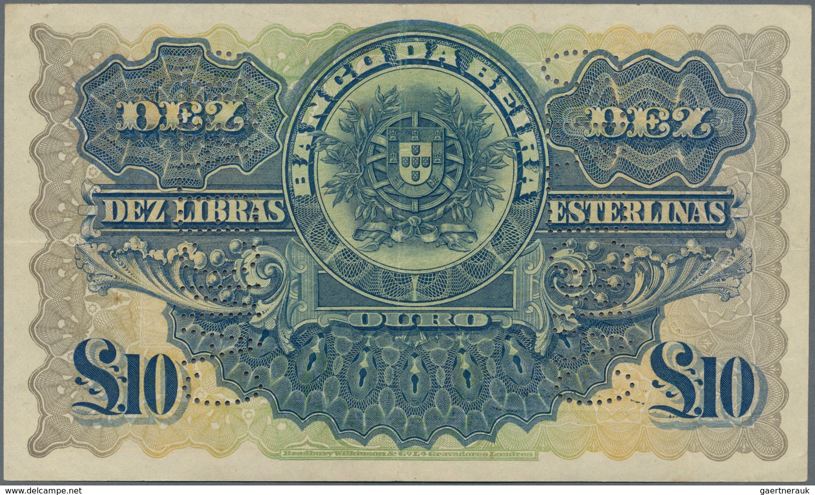 Mozambique: Rare Banknote Of Banco Da Beira 10 Libras Esterlinas 1921 With "cancellado" Perforation, - Mozambique