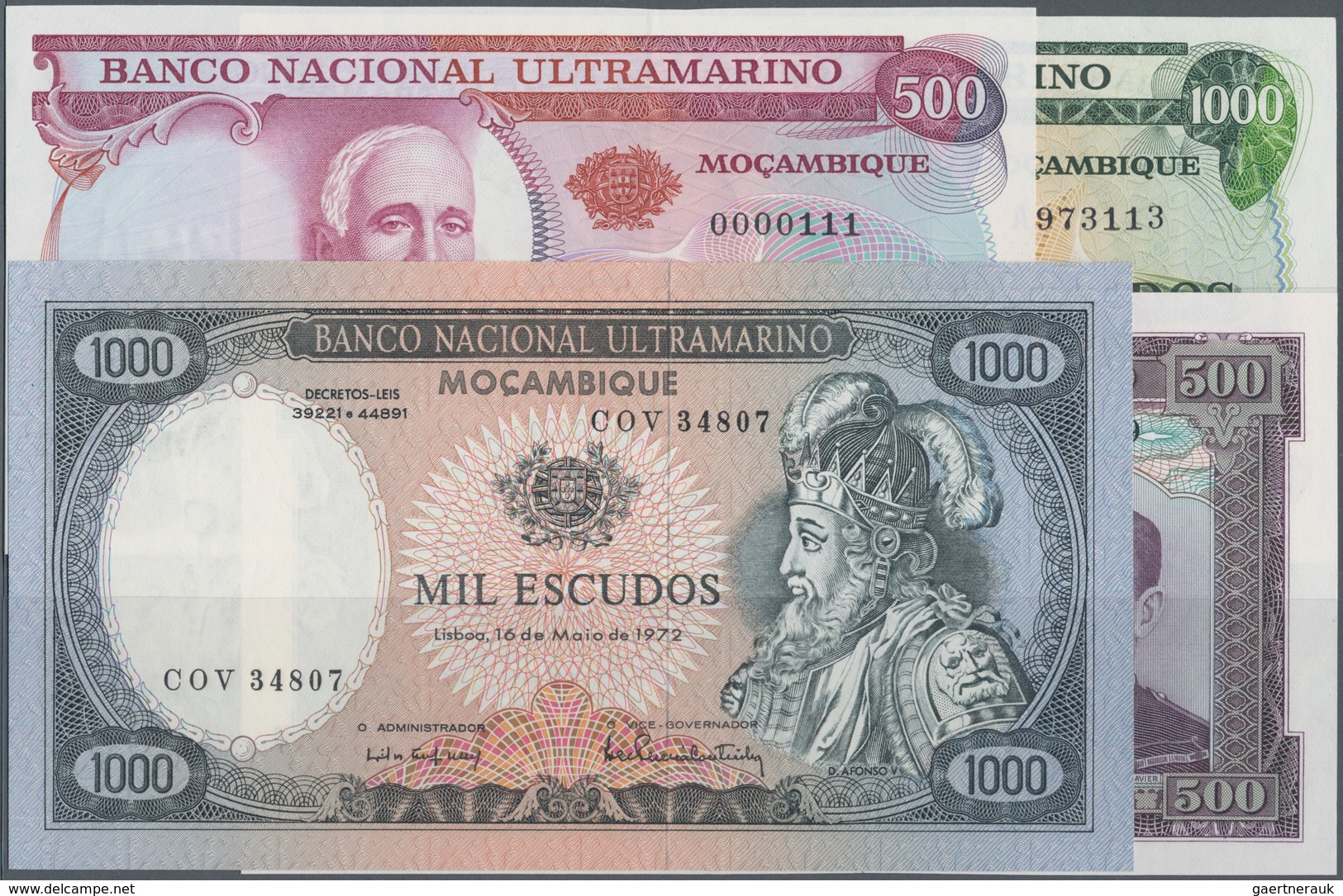 Mozambique: Set Of 4 Notes Containing 500 Escudos 1972, 1000 Escudos 1972 With Ovpt., 500 Escudos 19 - Moçambique