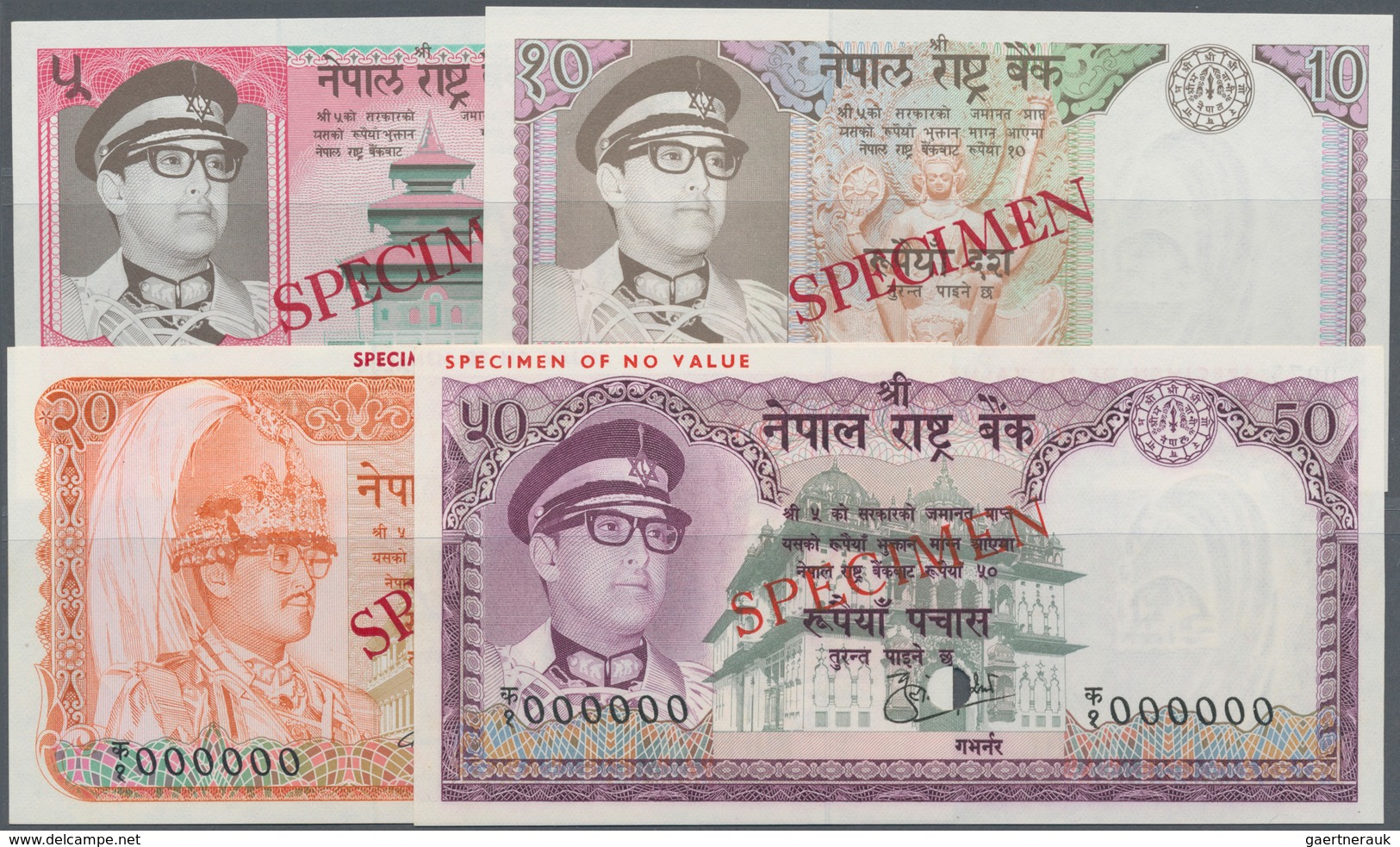 Nepal: High Valuable Specimen Set With 5, 10 And 50 Rupees ND (1974) "King Birendra With Dark Milita - Nepal