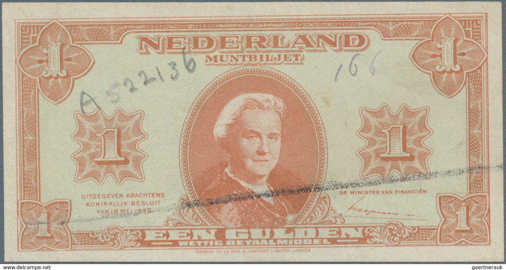 Netherlands / Niederlande: 1 Gulden 1945 P. 70, Probably Proof Print, Without Serial Numbers On Fron - Sonstige & Ohne Zuordnung