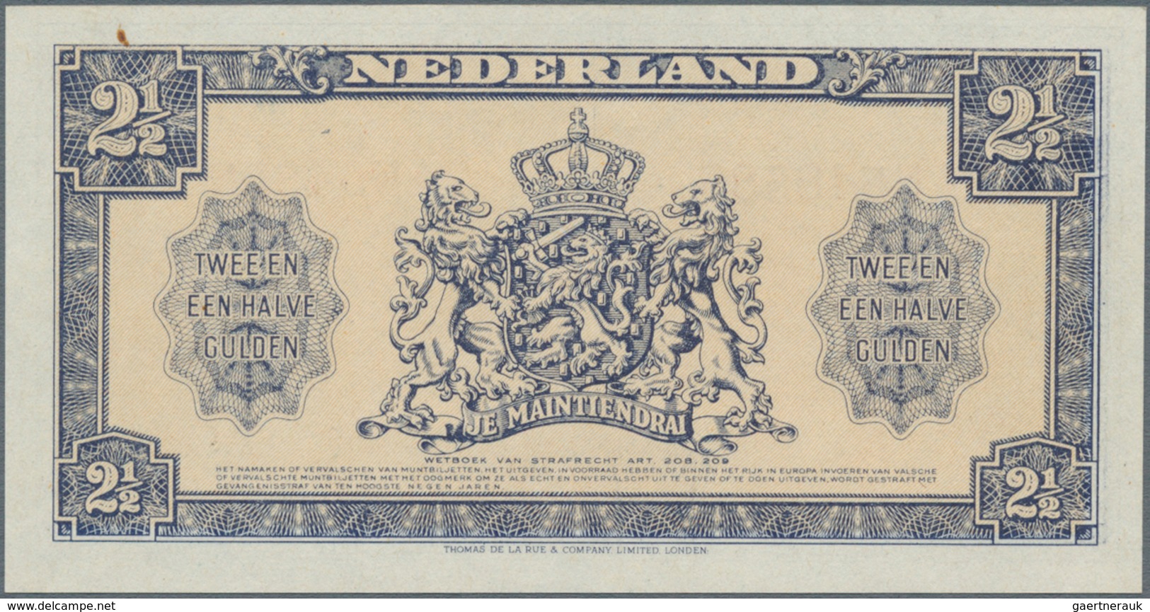 Netherlands / Niederlande: 2 1/2 Gulden 1945 P. 71 Error Note With Missing Print On Front, Condition - Andere & Zonder Classificatie