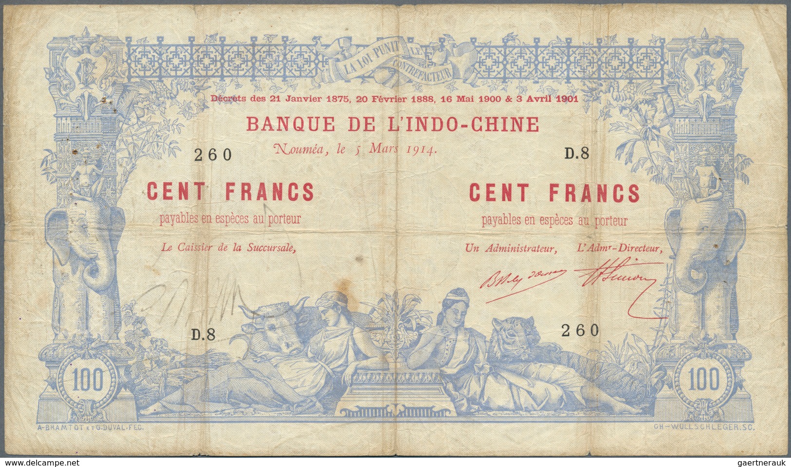 New Caledonia / Neu Kaledonien: 100 Francs 1914 Noumea Banque De L'Indochine P. 17, With Block Lette - Nouméa (Nieuw-Caledonië 1873-1985)