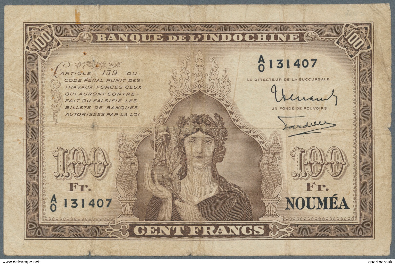 New Caledonia / Neu Kaledonien: 100 Francs 1944 P. 44, Used With Folds And Stain In Paper, Several P - Nouméa (Nieuw-Caledonië 1873-1985)