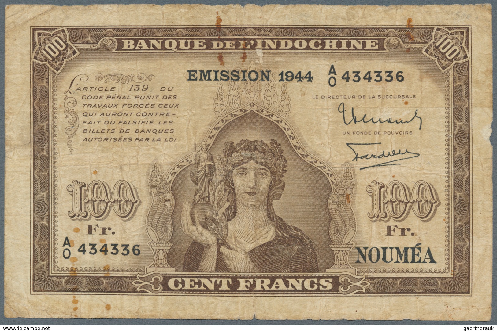 New Caledonia / Neu Kaledonien: 100 Francs 1944 P. 46b, Used With Folds And Stain In Paper, Several - Nouméa (Nieuw-Caledonië 1873-1985)