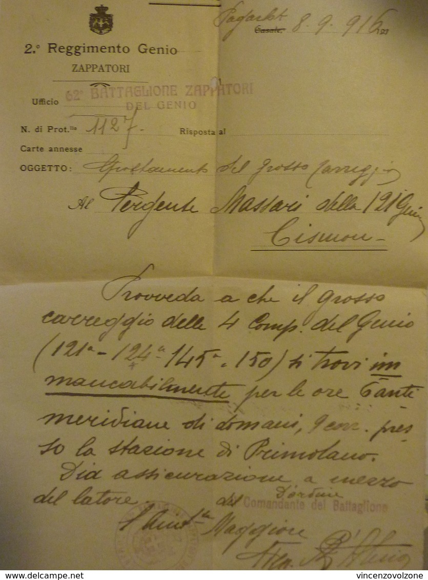 Busta Viaggiata POSTA MILITARE COMANDO 62° Battaglione Zappatori Del Genio 1916 Con Fonogramma E Documento - Storia Postale