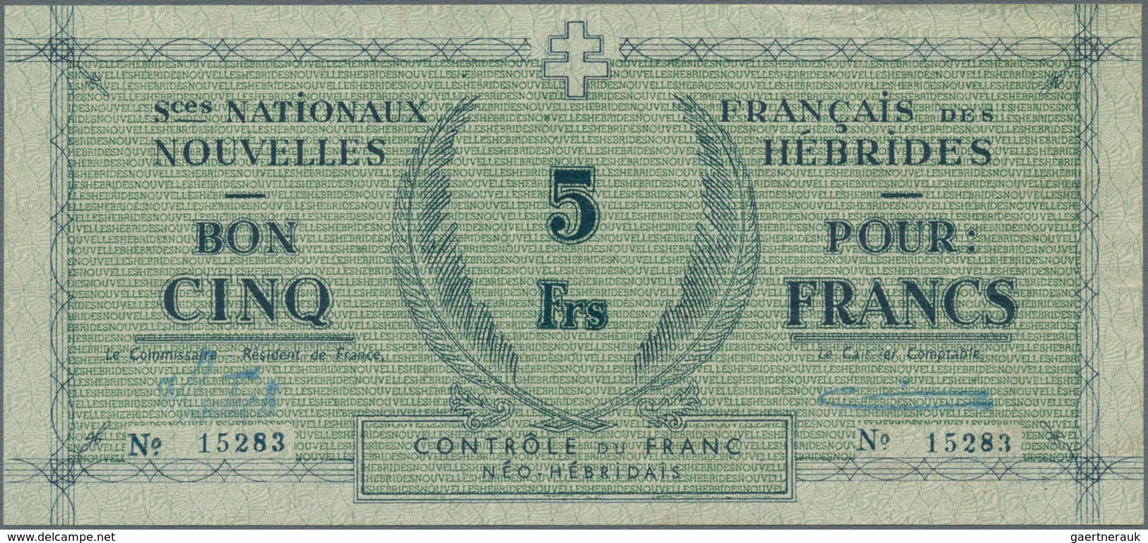 New Hebrides / Neue Hebriden: 5 Francs 1944 P. 1, With Vertical Folds, Crisp Paper, No Holes Or Tear - Neue Hebriden