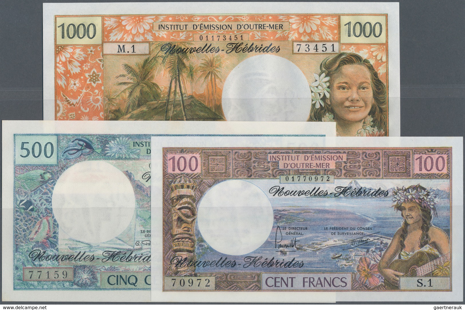 New Hebrides / Neue Hebriden: Set Of 3 Notes Containing 100, 500 & 1000 Francs ND P. 18d, 19a, 20c, - Neue Hebriden