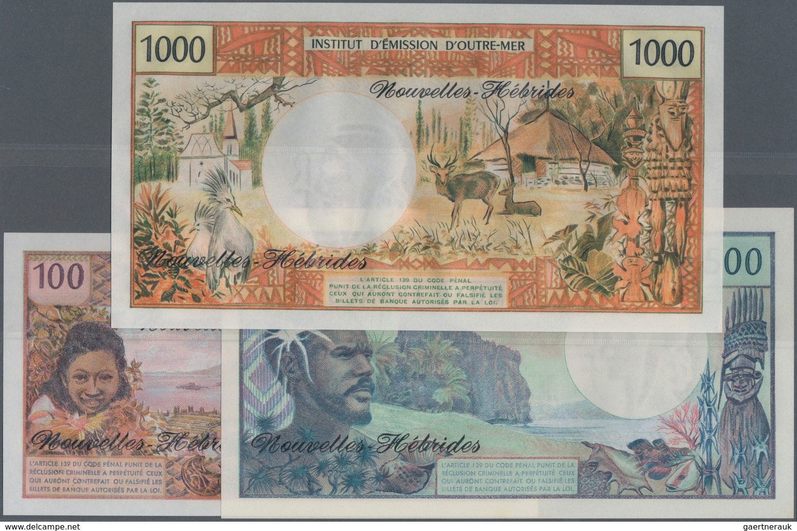 New Hebrides / Neue Hebriden: Set Of 3 Notes Containing 100, 500 & 1000 Francs ND P. 18d, 19a, 20c, - Neue Hebriden