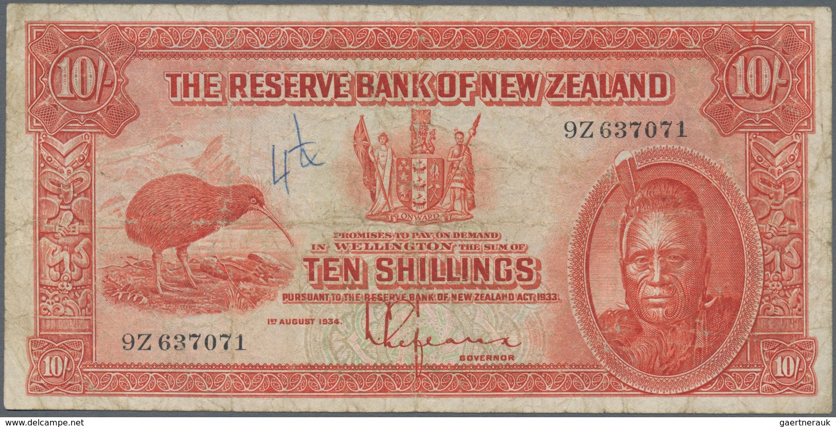 New Zealand / Neuseeland: 10 Shillings 1934 "Maori Issue" P. 154, Used With Several Folds And Crease - Nieuw-Zeeland