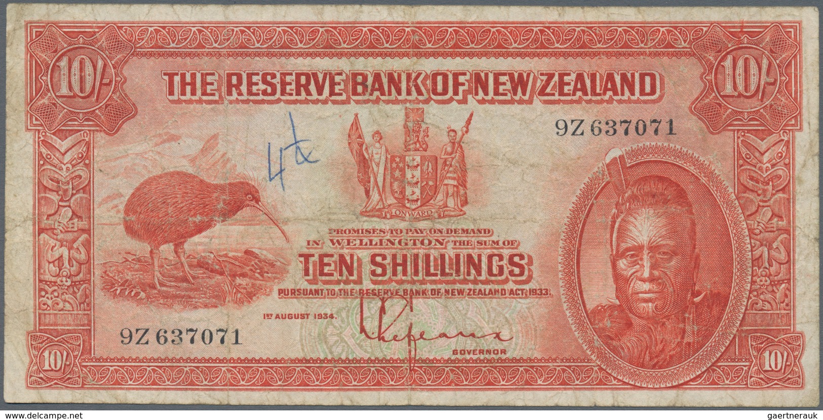 New Zealand / Neuseeland: 10 Shillings 1934 "Maori Issue" P. 154, Used With Several Folds And Crease - Nouvelle-Zélande