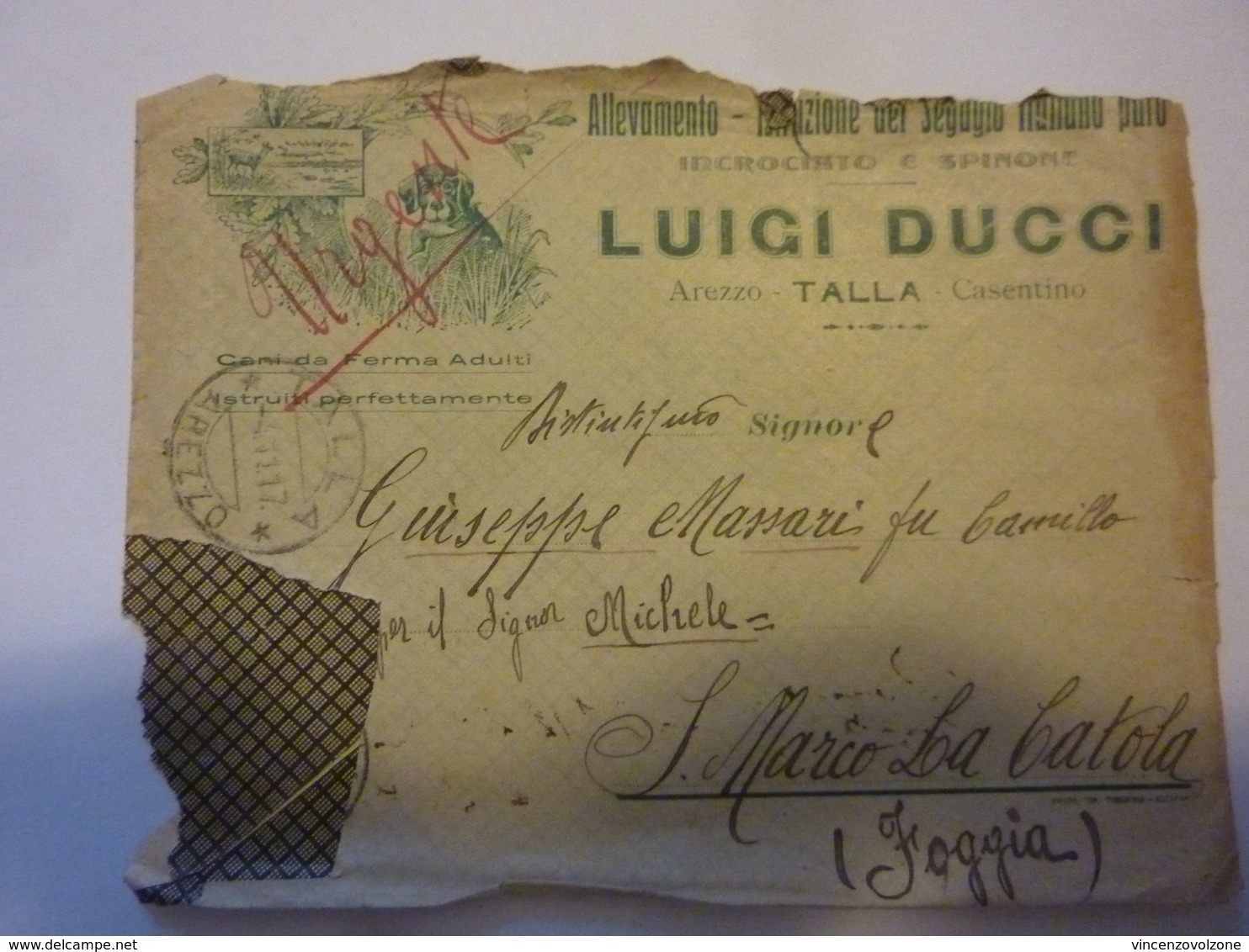 Busta Viaggiata Pubblicitaria "ALLEVAMENTO DEL SEGUGIO ITALIANO LUIGI DUCCI Arezzo" 1918 - Marcofilie