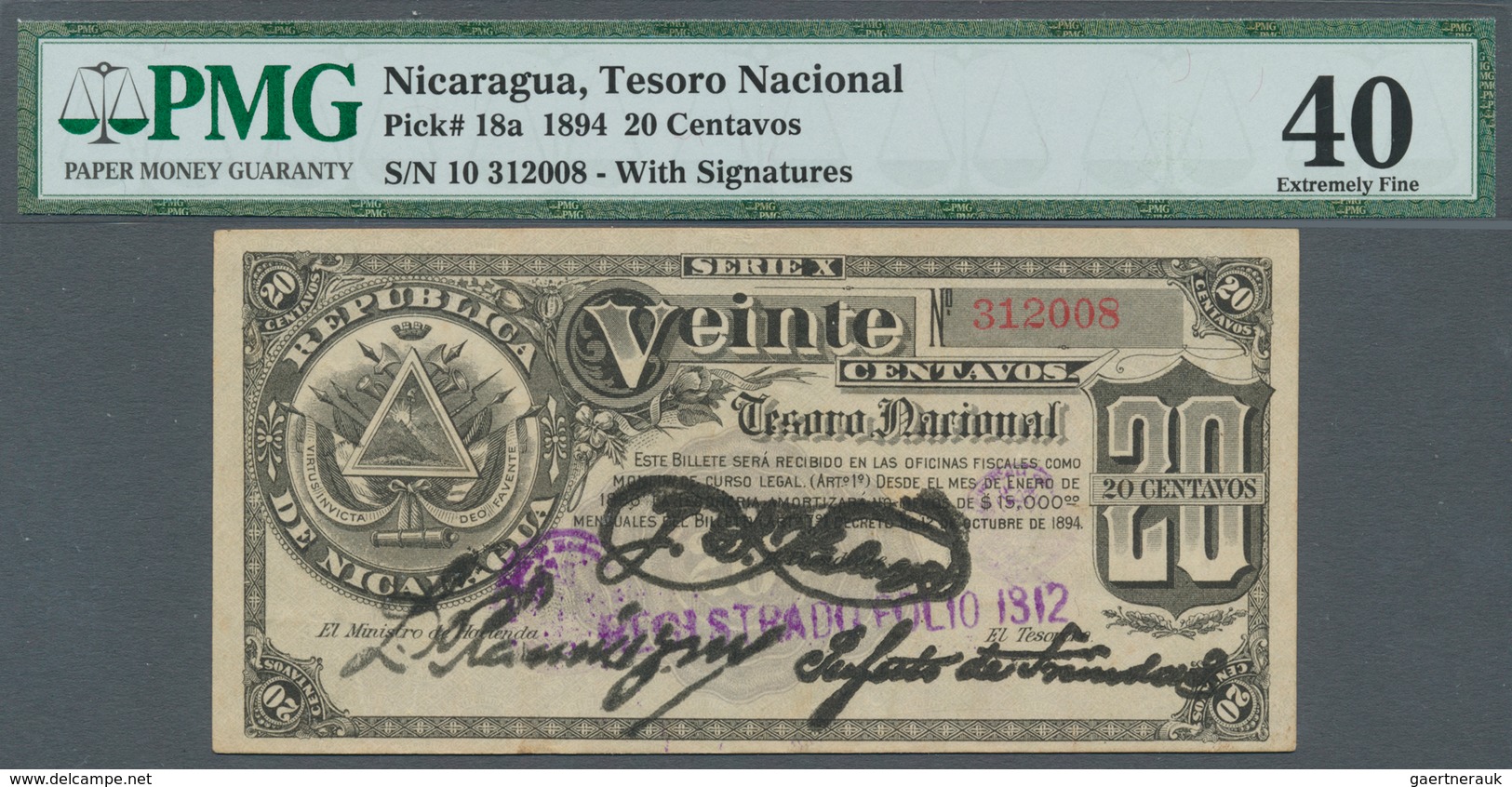 Nicaragua: Rare Note 20 Centavos 1894 P. 18a, In Condition: PMG Graded 40 XF. - Nicaragua