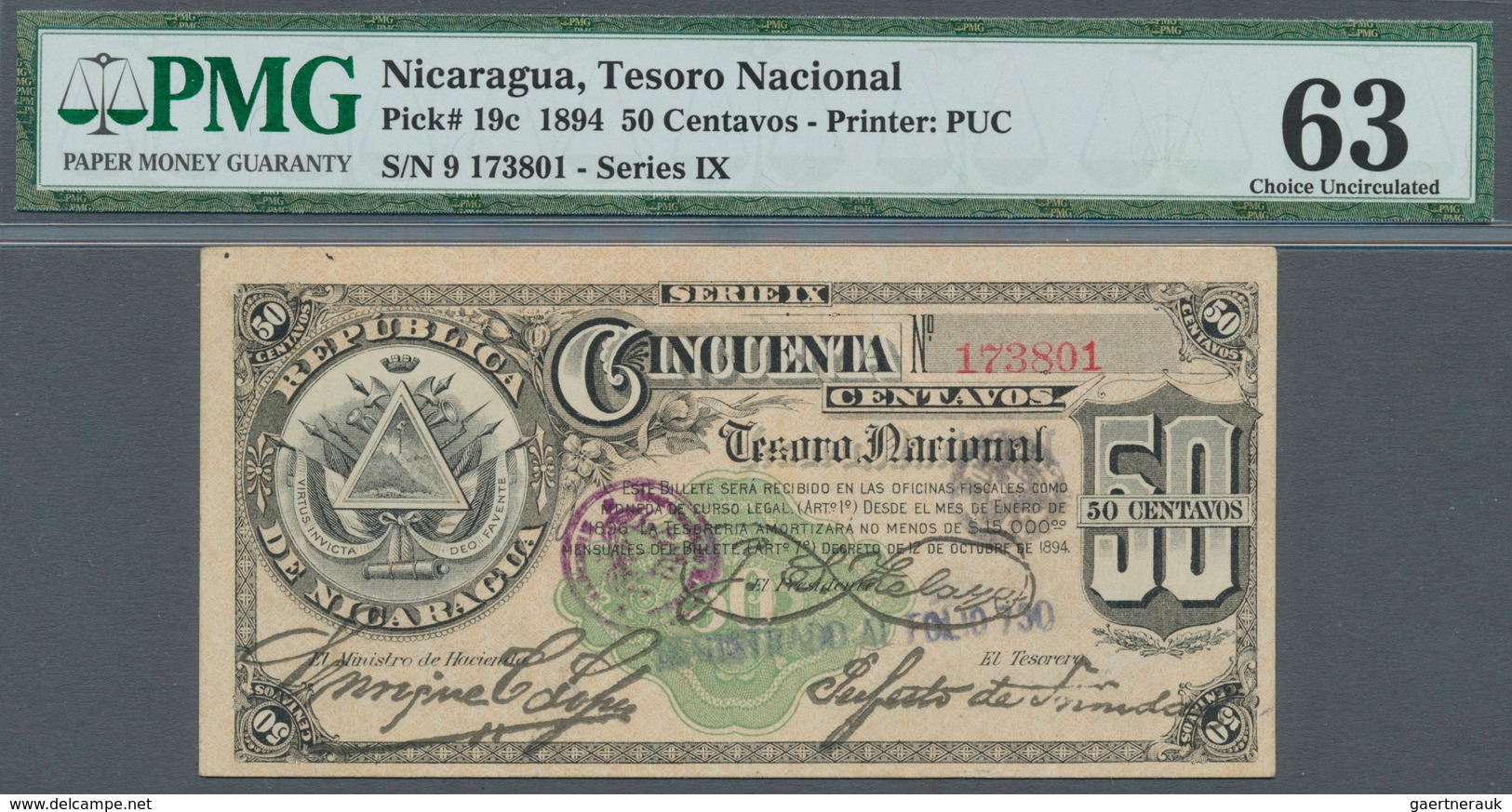 Nicaragua: Rare Note 50 Centavos 1894 P. 19c, In Condition: PMG Graded 63 Choice UNC. - Nicaragua