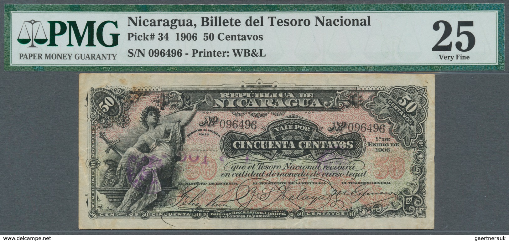 Nicaragua: 50 Centavos 1906 P. 34, Seldom Seen Note In Condition: PMG Graded 25 VF. - Nicaragua