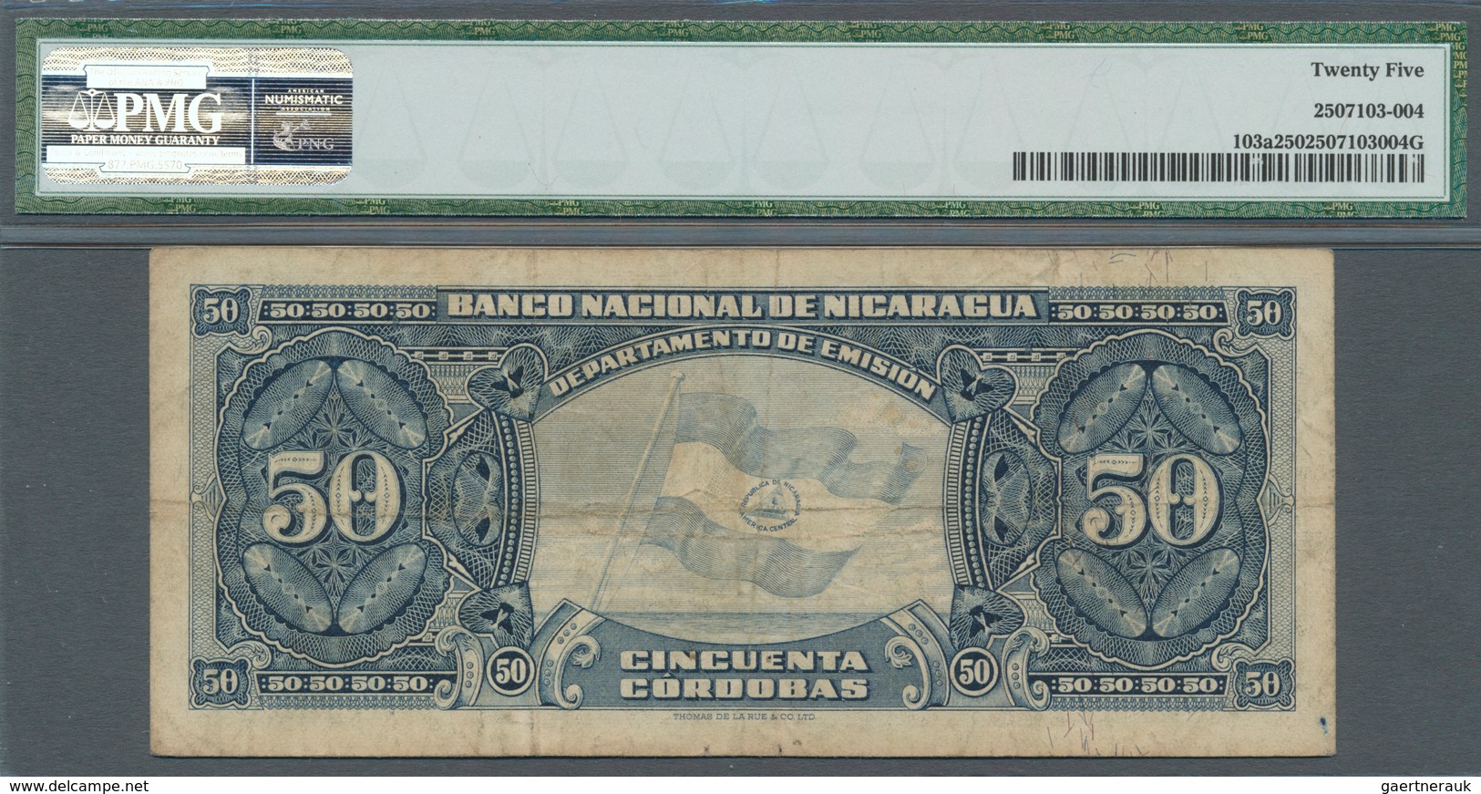 Nicaragua: 50 Cordobas 1958 P. 103a, In Condition: PMG Graded 25 VF. - Nicaragua