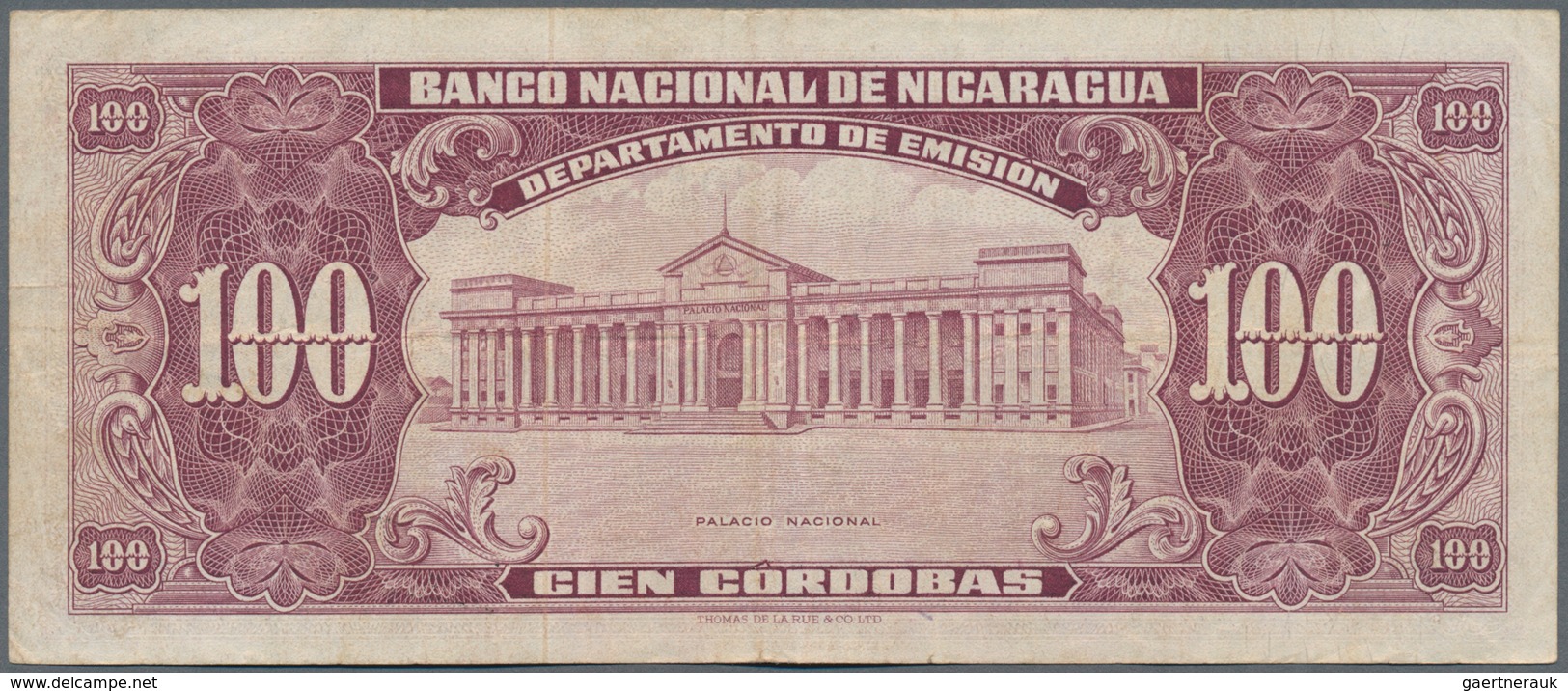 Nicaragua: 100 Cordobas 1959 P. 104B In Normal Used Condition With Folds And Light Stain In Paper, C - Nicaragua