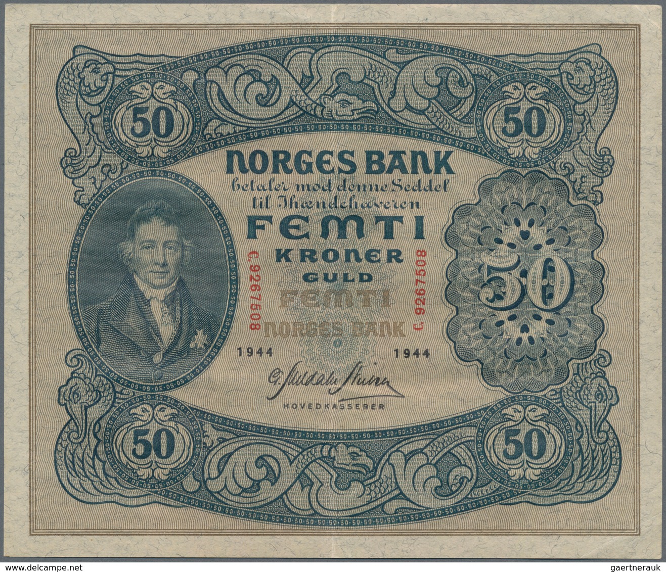 Norway / Norwegen: 50 Kroner 1944 P. 9d, Center Fold And Light Handling In Paper, With Crispness And - Noruega