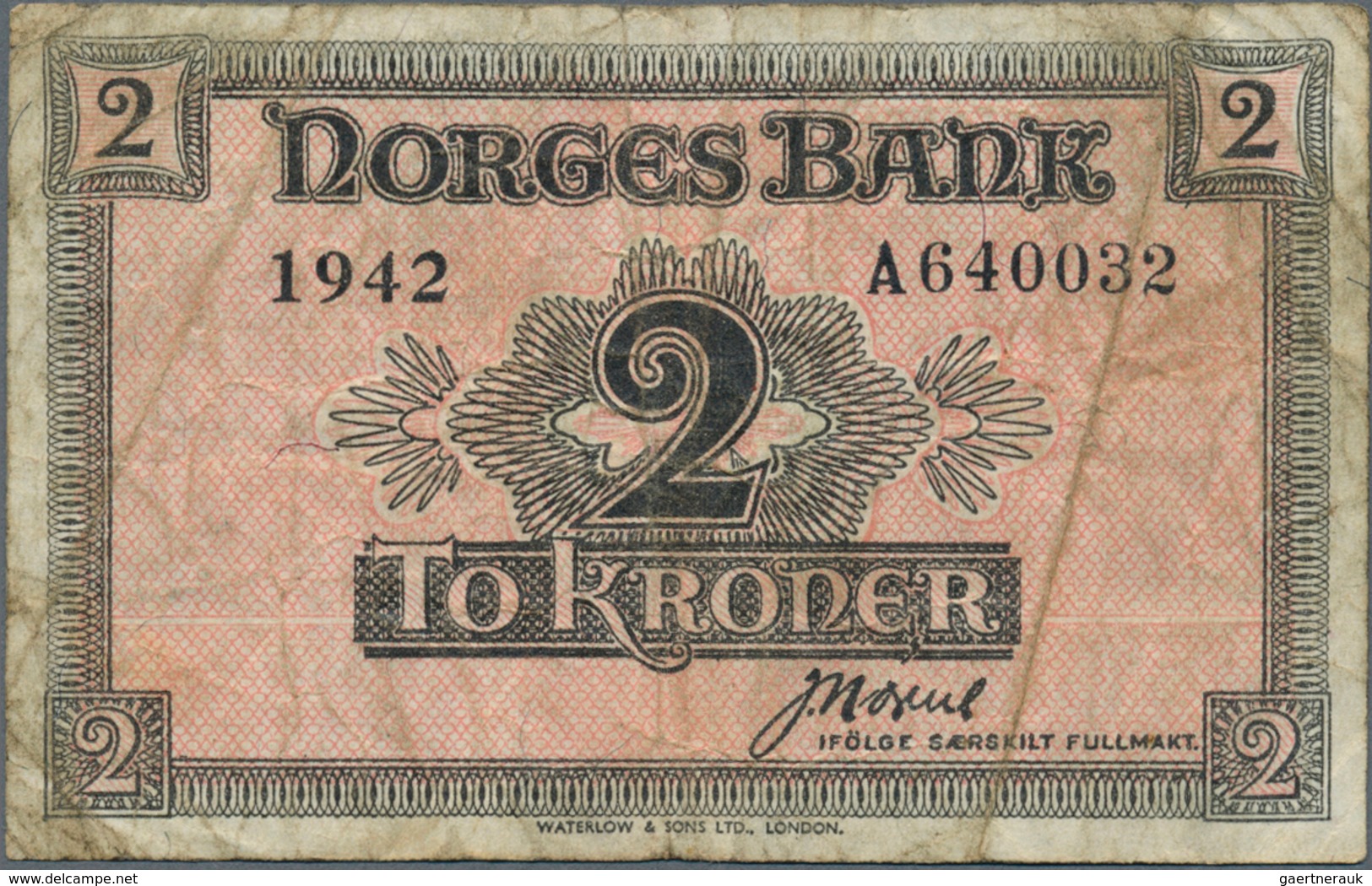 Norway / Norwegen: 2 Kroner 1942 P. 18, Several Stonger Folds And Stain In Paper, No Holes Or Tears, - Noorwegen