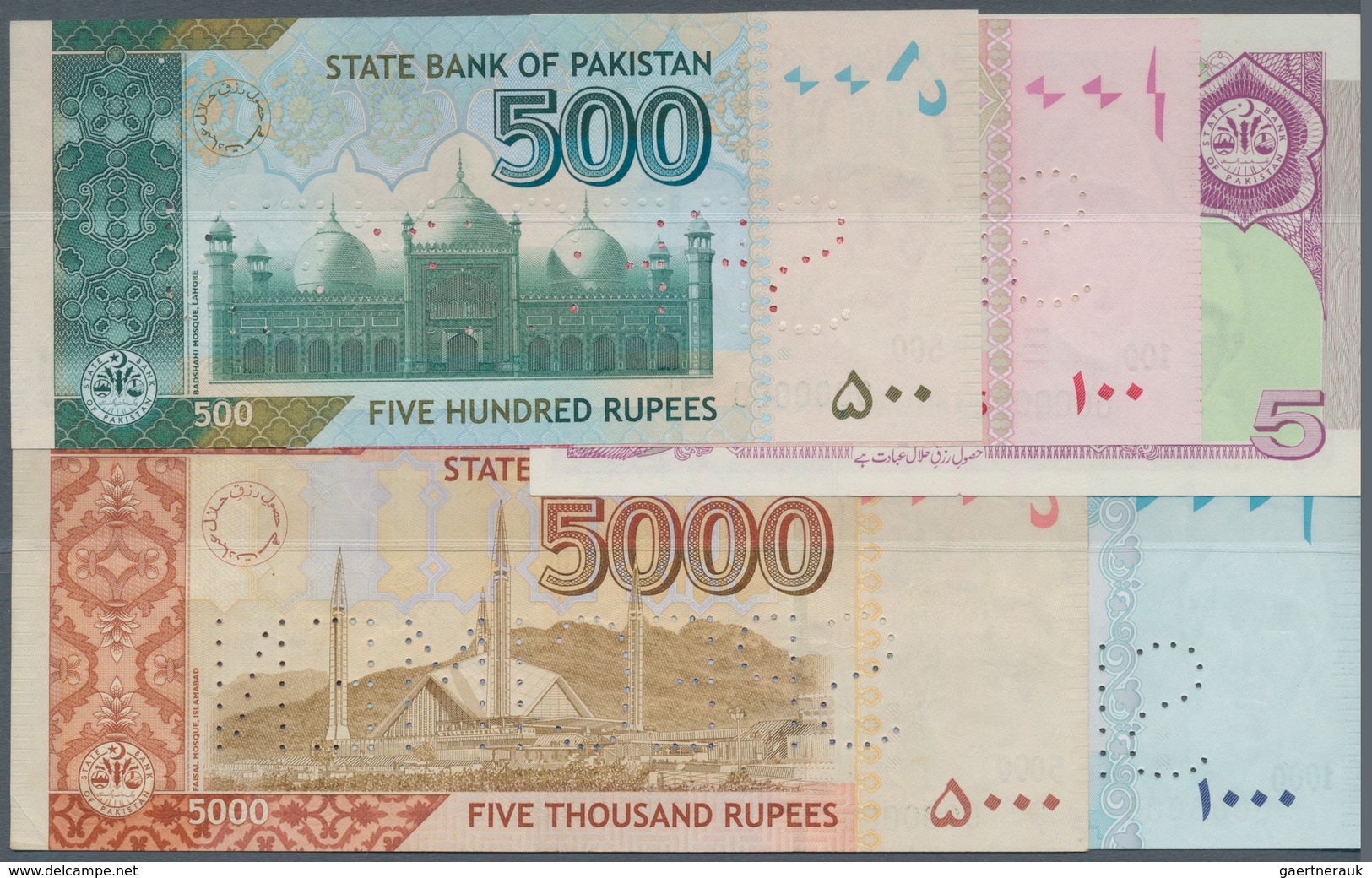 Pakistan: Set With 6 Specimen 1997-2010 Containing 5 Rupees 1997 Specimen, 100 And 500 Rupees 2006 S - Pakistán