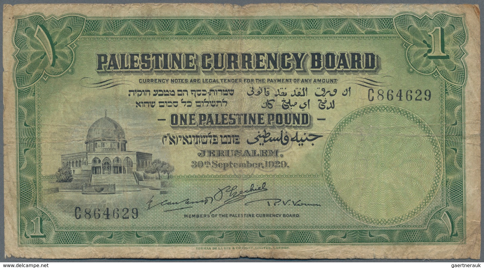 Palestine / Palästina: 1 Pound 1929 P. 7b, A Bit Stronger Used With Folds And Stain In Paper, Border - Andere - Azië