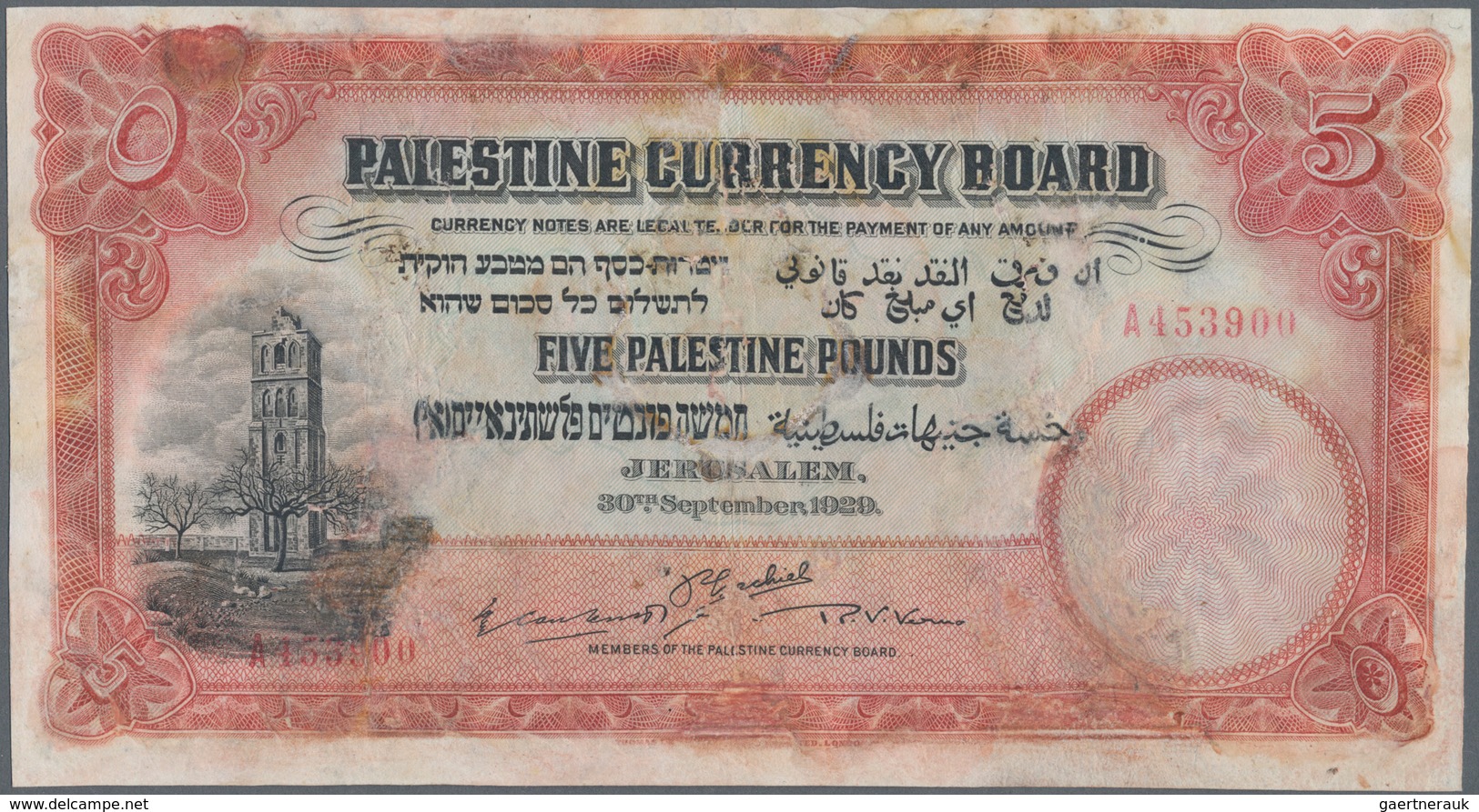 Palestine / Palästina: 5 Pounds September 30th 1929, P.8b, Highly Rare Banknote With Large Restored - Otros – Asia