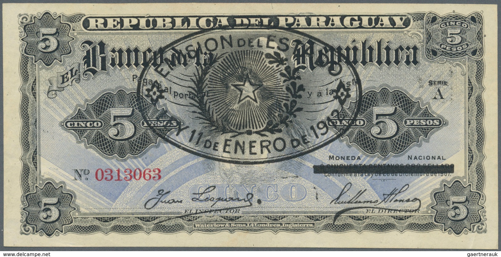 Paraguay: 5 Pesos 1907 With Provisional Overstamp "Emision Del Estado 11 De Enero De 1912", P. 127, - Paraguay