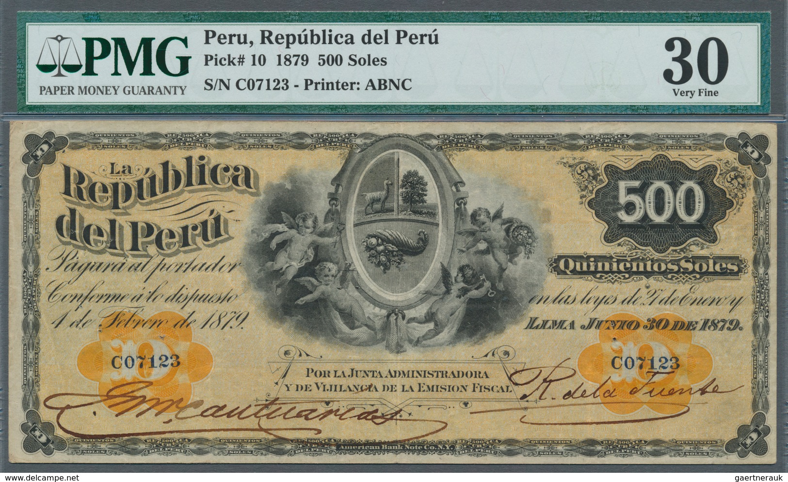 Peru: 500 Soles 1879 P. 10, In Condition: PMG Graded 30 VF. - Peru