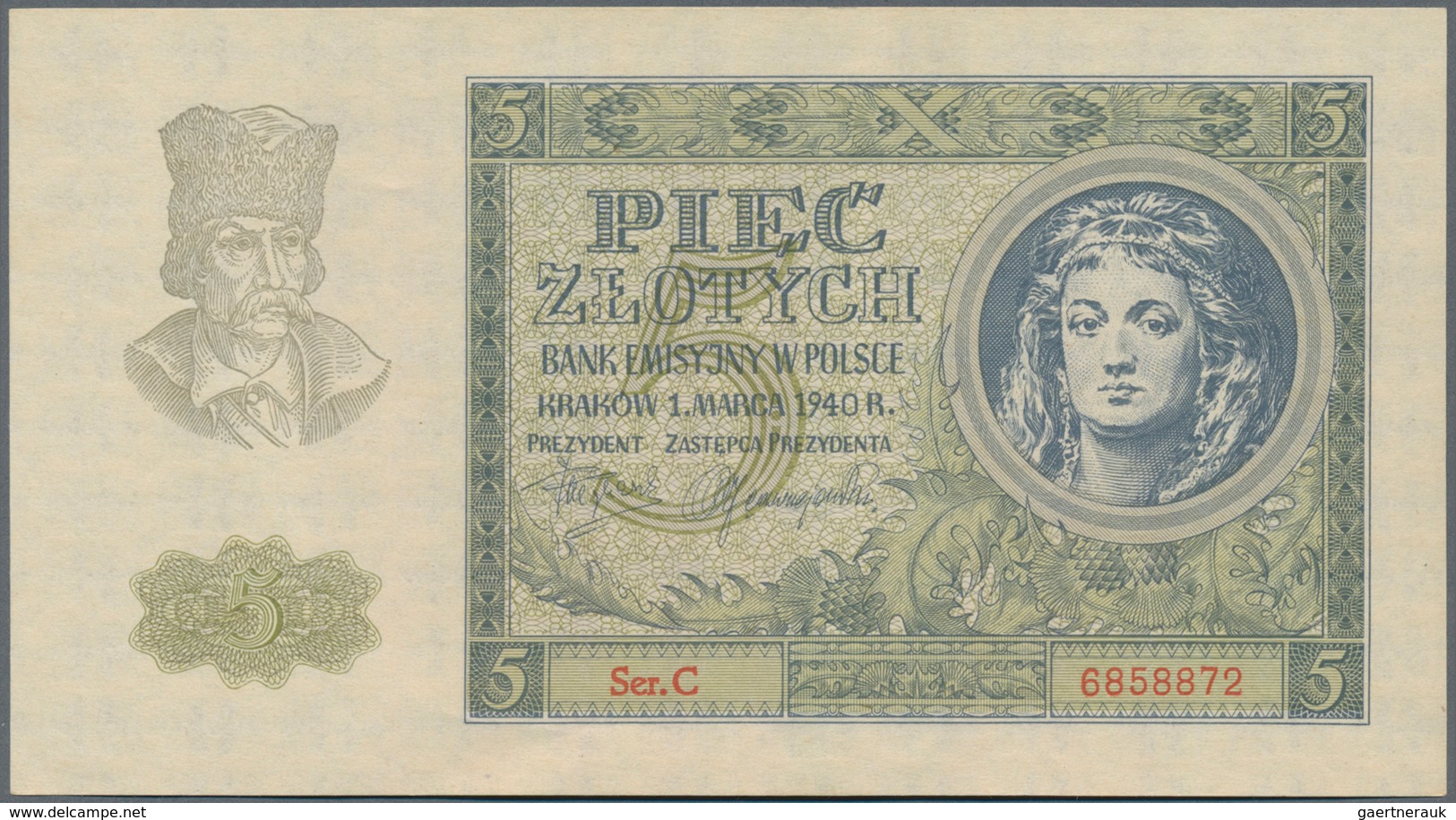 Poland / Polen: 5 Zlotych 1940 P. 93, In Condition: XF+ To AUNC. - Polen