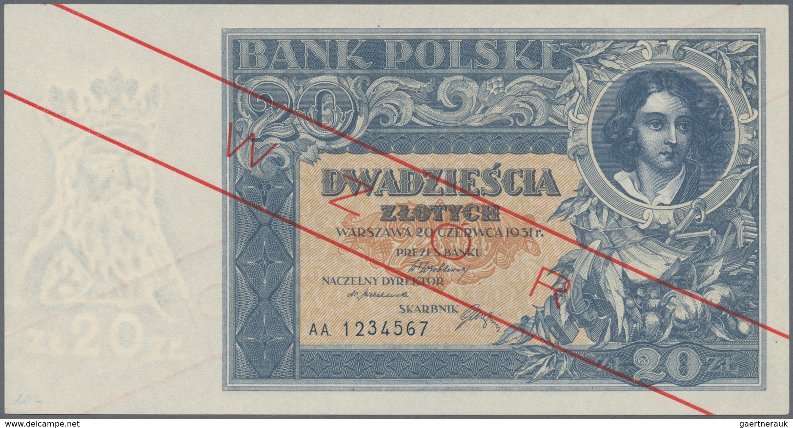 Poland / Polen: 20 Zlotych 1931 SPECIMEN, P.73s With A Few Minor Creases In The Paper And Small Anno - Polonia