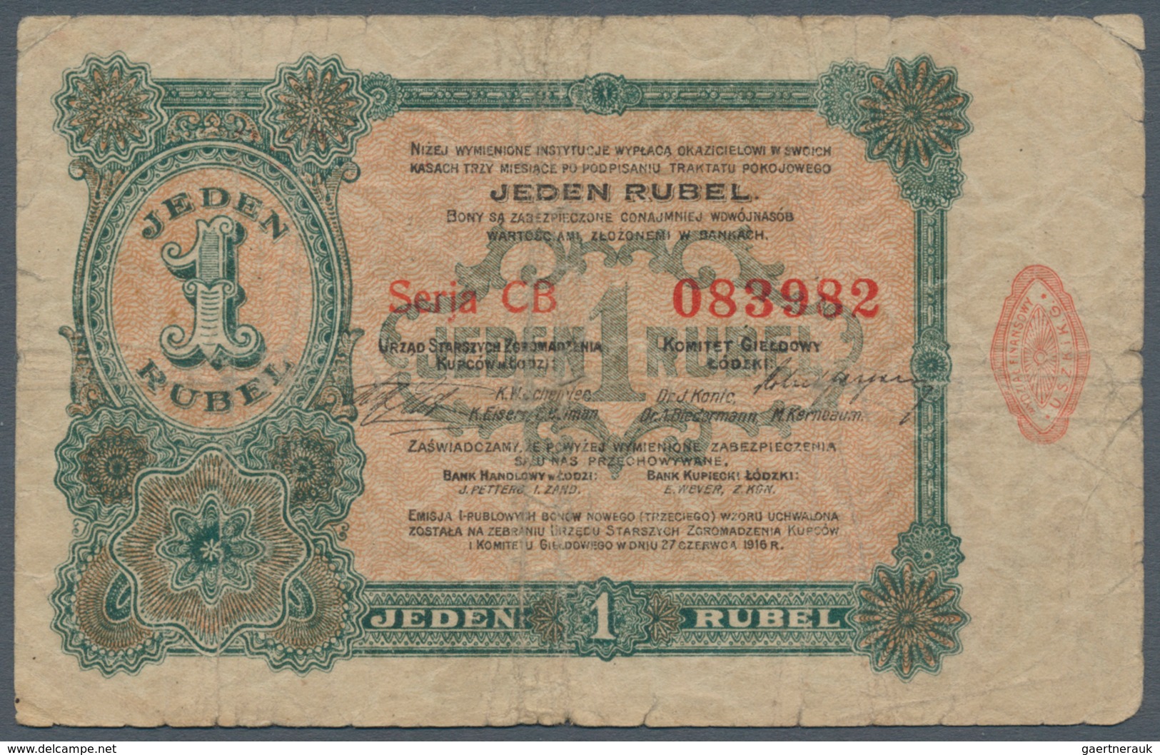 Poland / Polen: 1 Ruble 1916 Notgeld, P.NL, Stained Paper With Tiny Border Tears And Small Holes At - Polonia