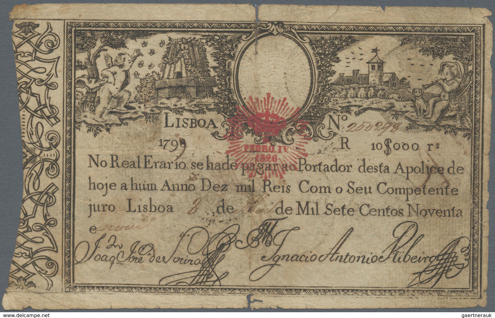 Portugal: 10.000 Reis 1799 Revalidation Issue "Pedro IV" P. 28, Stronger Used With Strong Center Fol - Portugal