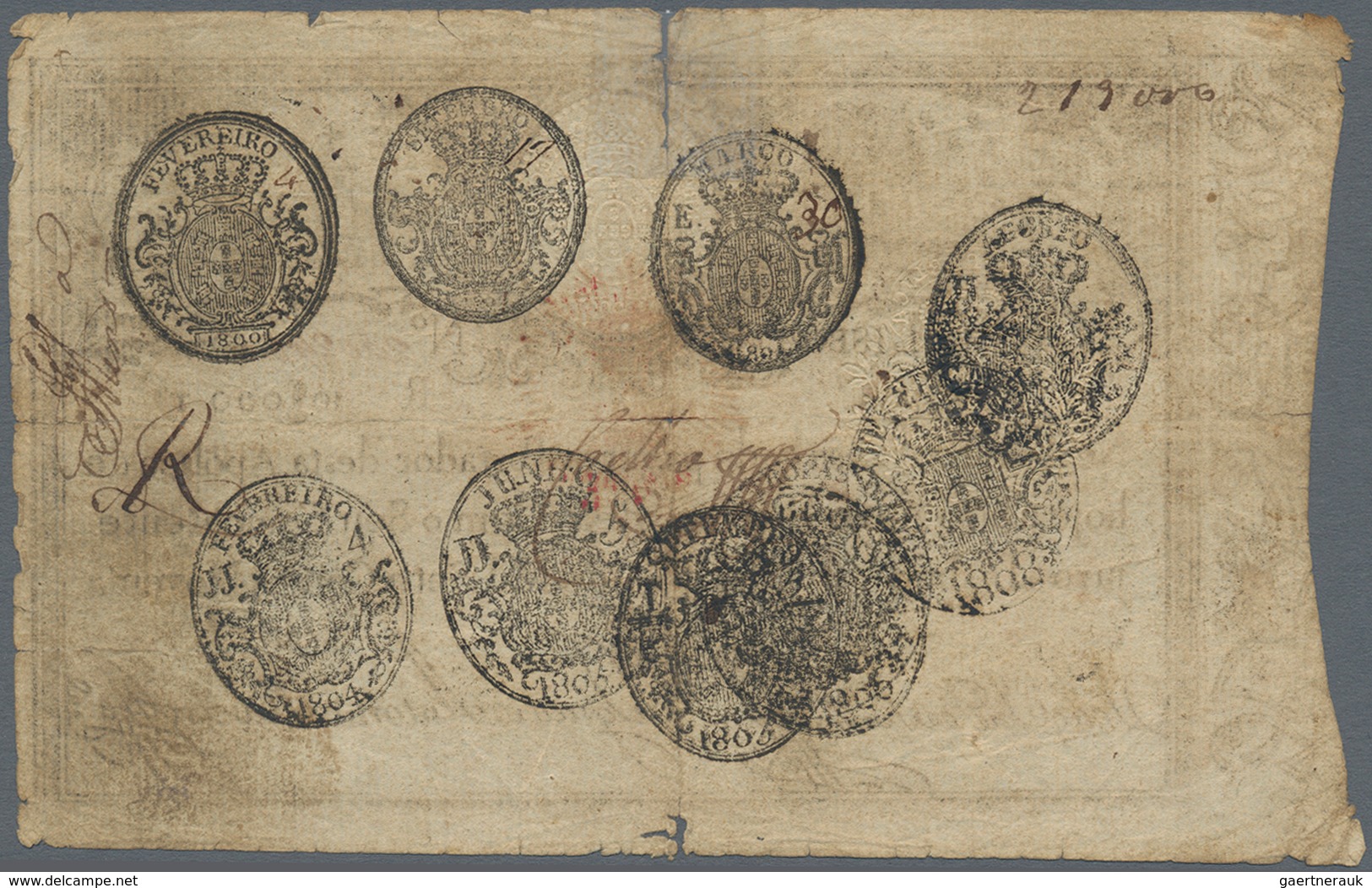 Portugal: 10.000 Reis 1799 Revalidation Issue "Pedro IV" P. 28, Stronger Used With Strong Center Fol - Portugal