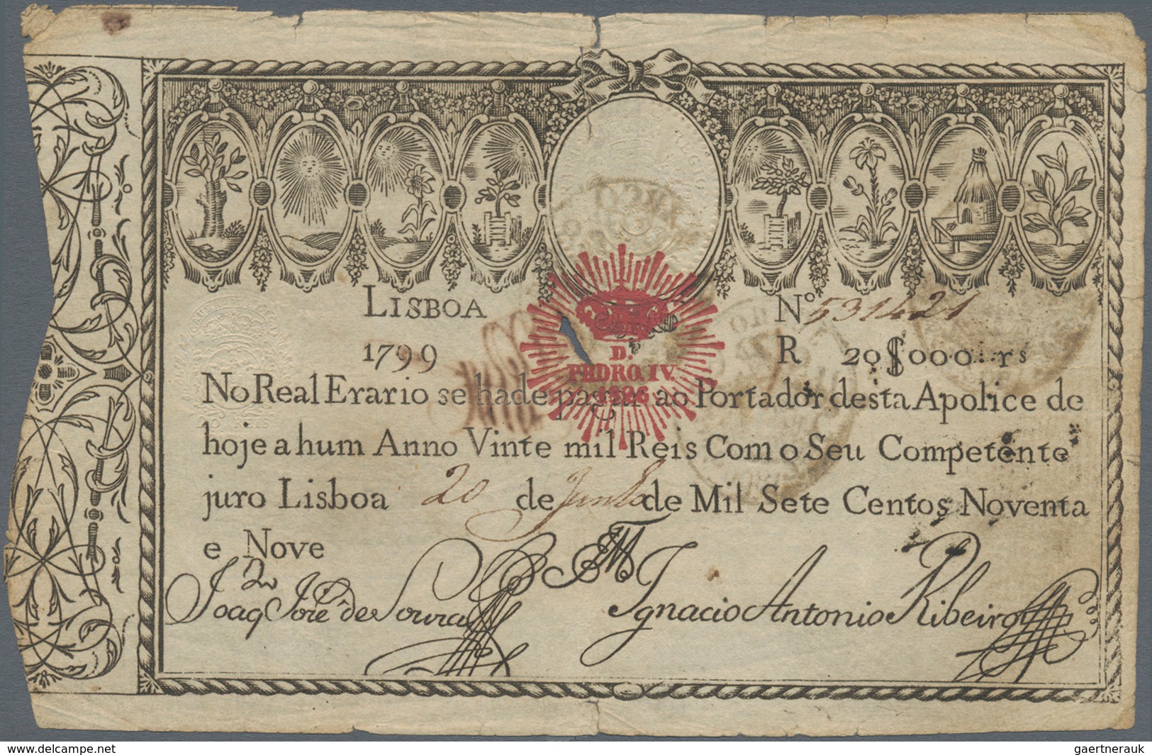 Portugal: 20.000 Reis 1799 Revalidation Issue "Pedro IV" P. 31, Stronger Center Fold With Small Piec - Portugal