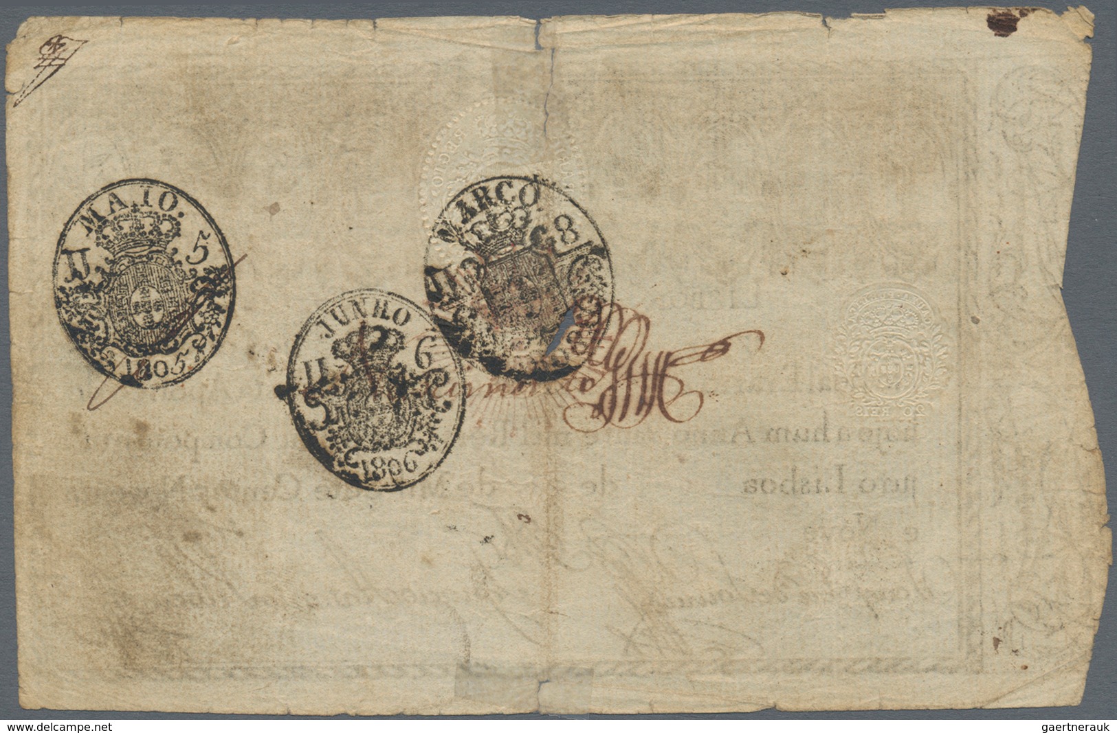 Portugal: 20.000 Reis 1799 Revalidation Issue "Pedro IV" P. 31, Stronger Center Fold With Small Piec - Portugal