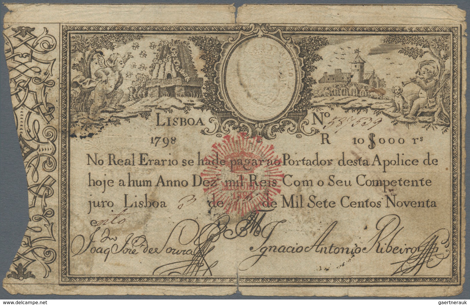 Portugal: 10.000 Reis 1798 Red Stamp "Miguel" Revalidation P. 40, As Usual Stronger Used With Strong - Portugal