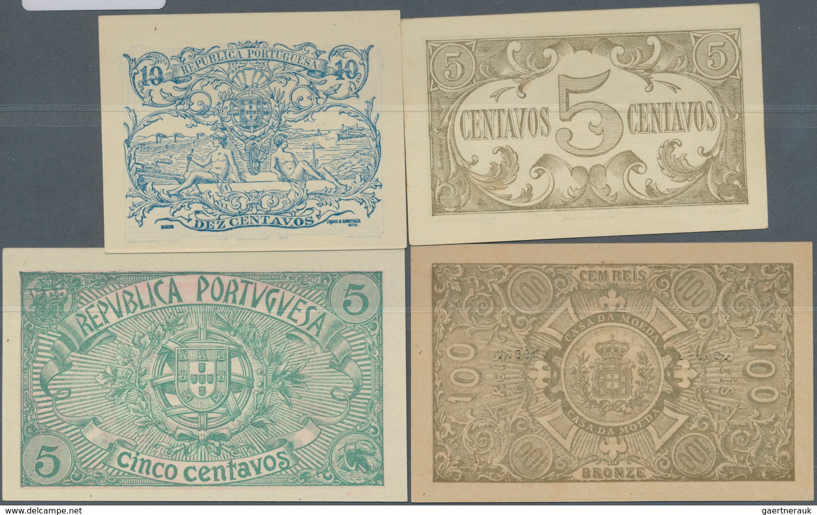 Portugal: Set Of 4 Note "Casa De Moeda" Containing 100 Reis 1891 P. 89 (UNC), 10 Centavos 1917 P. 95 - Portugal