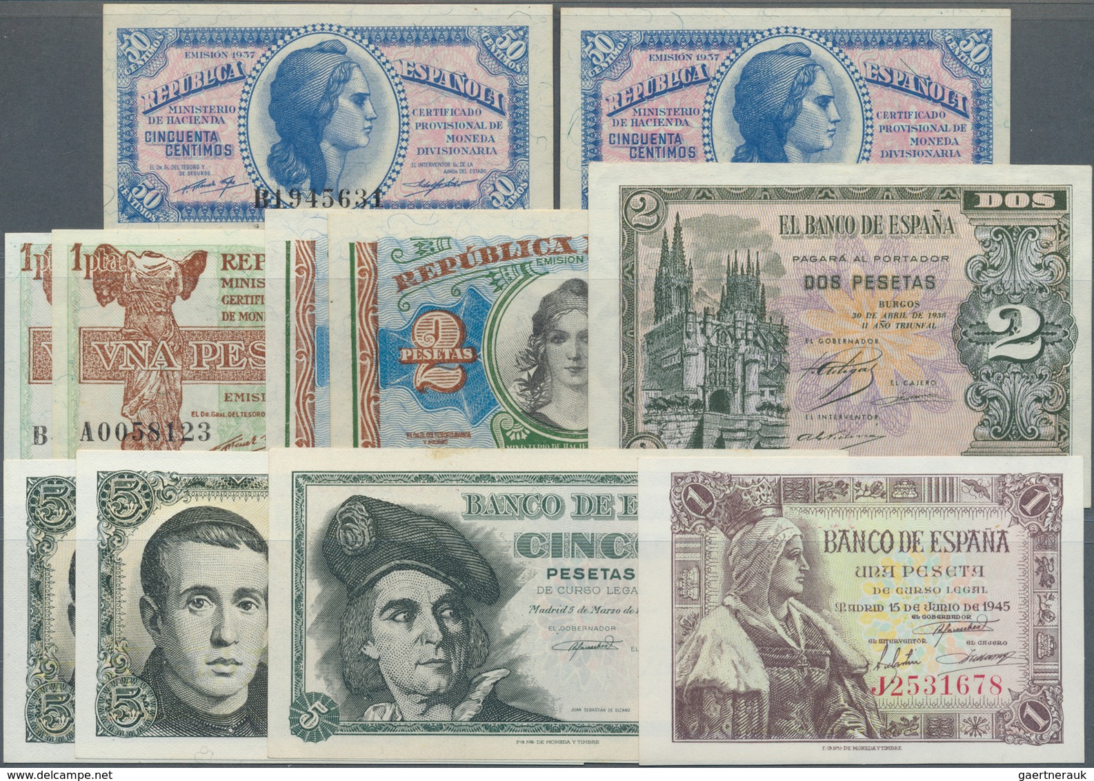 Portugal: Set Of 11 Notes Containing 2x 50 Centimos 1937 P. 93 (UNC), 2x 1 Peseta 1937 P. 94 (UNC), - Portugal