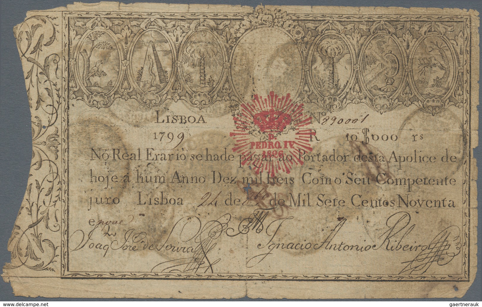 Portugal: 10.000 Reis 1799 P. NL, Revalidation Issue "Pedro IV", Stronger Used With Strong Center Fo - Portugal