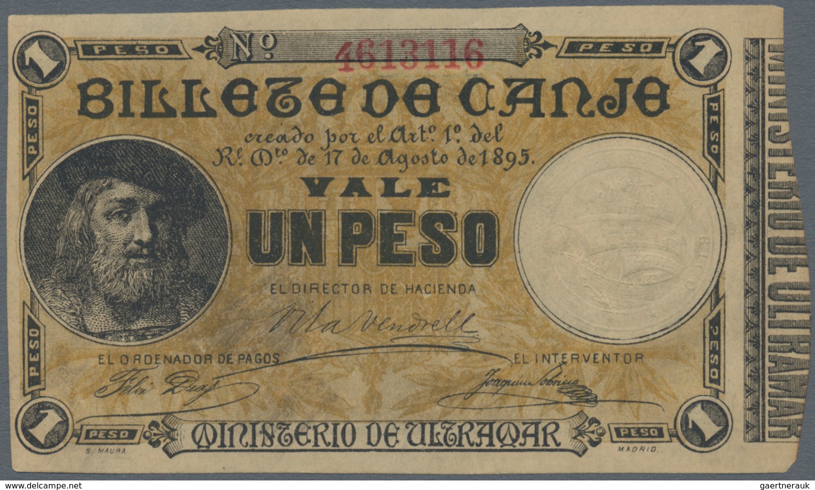 Puerto Rico: 1 Peso 1895 "Billete De Canje" - Exchange Note P. 7, No Vertical Or Horizontal Folds, L - Puerto Rico