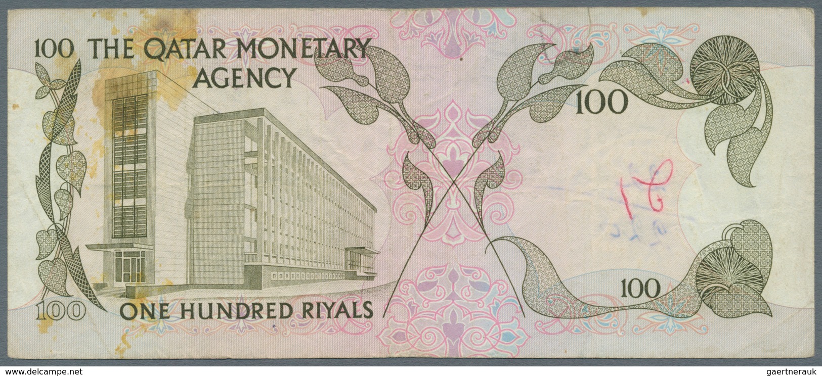 Qatar: 100 Riyals ND(1973), P.5a, Graffiti At Left Center On Front And Back, Traces Of Glue On Back - Qatar