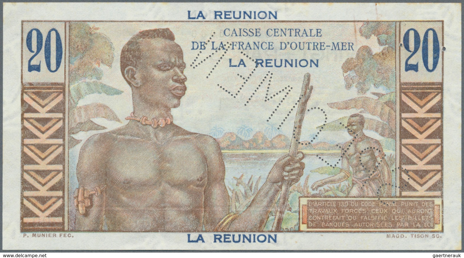 Réunion: 20 Francs ND(1947) SPECIMEN P. 43s, With Specimen Perforatoin, Zero Serial Number, Crisp Or - Réunion