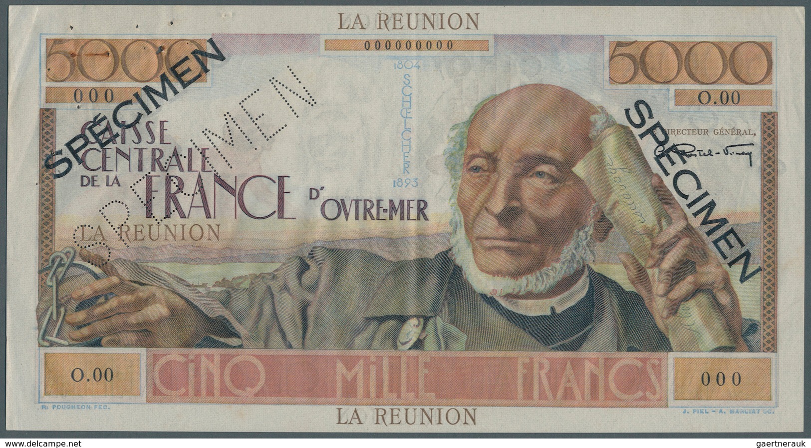 Réunion: 5000 Francs ND (1947) Specimen P. 48s, Famous Large Size Banknote With General Schoelcher A - Riunione