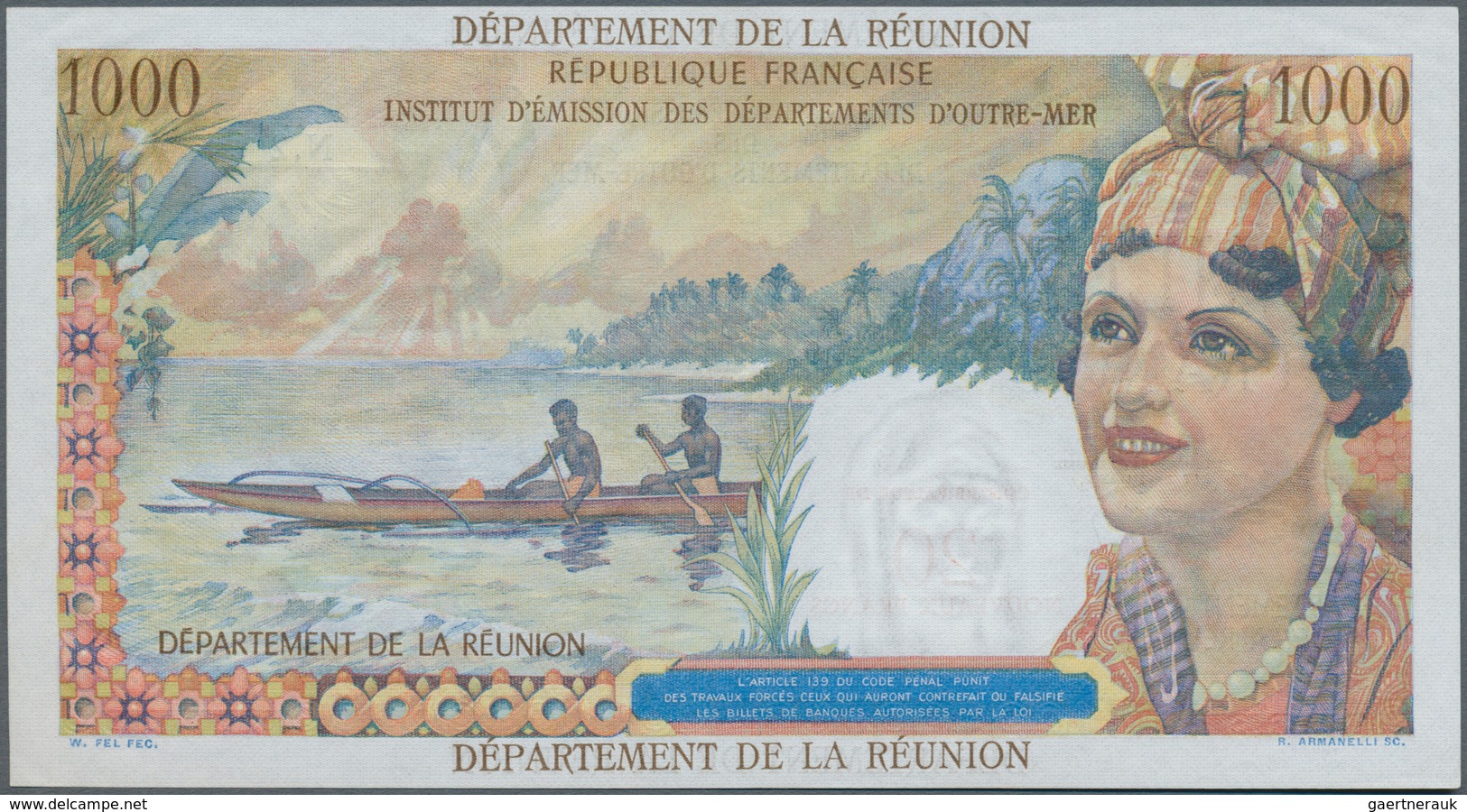 Réunion: 20 NF On 1000 Francs ND(1960) P. 55, Only A Light Center Bend And Minor Corner Folding, Cri - Réunion