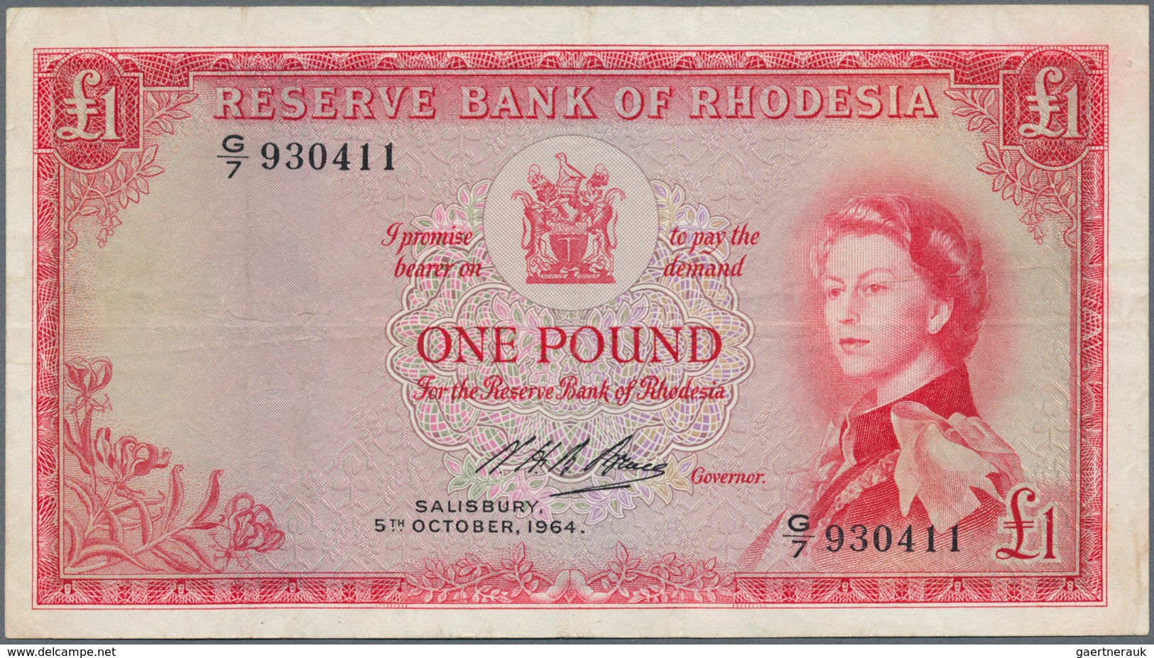 Rhodesia / Rhodesien: 1 Pound 05.10.1964 P. 25, Portrait QEII, 6 Tiny Pinholes, Vertical And Horizon - Rhodesië