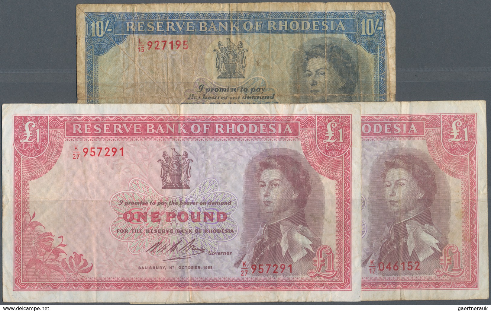 Rhodesia / Rhodesien: Set Of 3 Notes Containing 10 Shillings & 2x 1 Pound 1966/68, All In Used Condi - Rhodesia