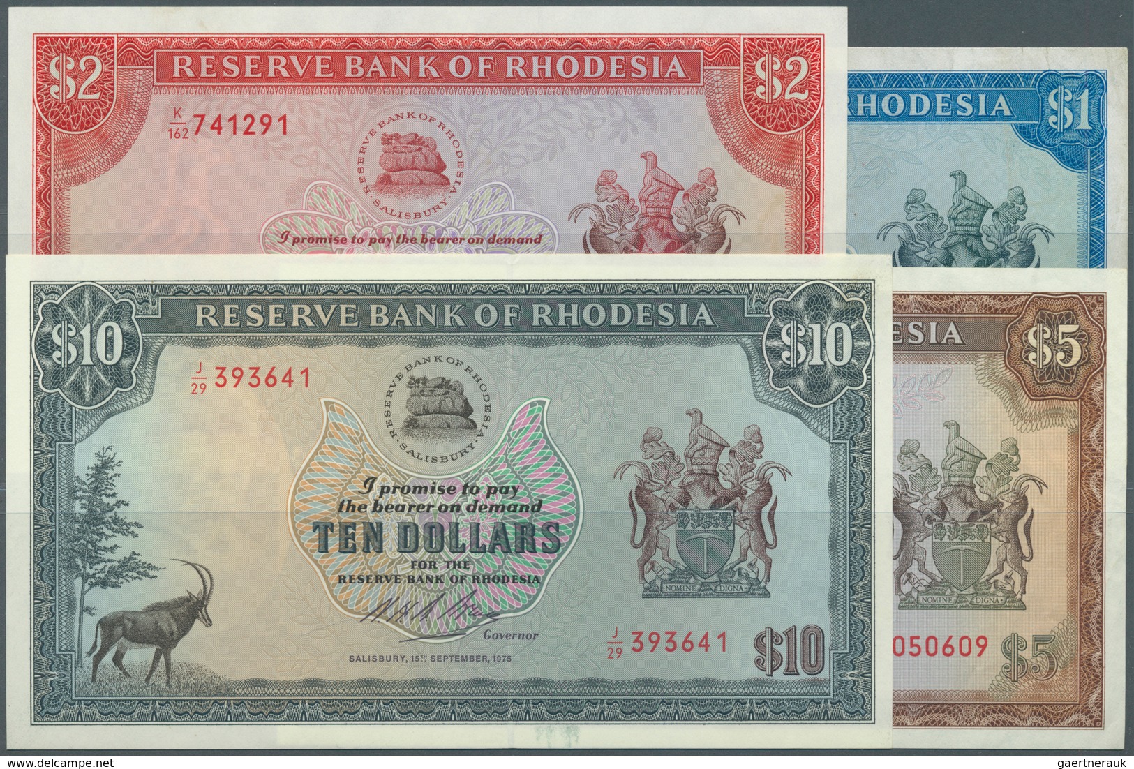 Rhodesia / Rhodesien: Set Of 4 Notes Containing 1 Dollar 1974 P. 30 (VF+), 10 Dollars 1975 P. 33 (XF - Rhodésie