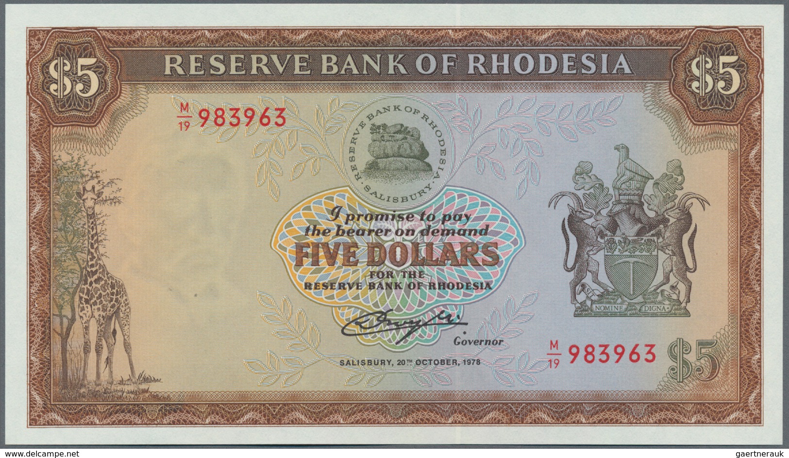 Rhodesia / Rhodesien: 5 Dollars 1978 P. 36B In Condition: UNC. - Rhodesië